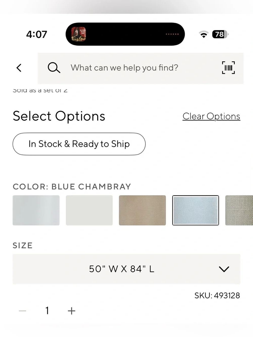 NWT SINGLE Pottery Barn Broadway Chambray Blue Blackout Curtain 50x84 in